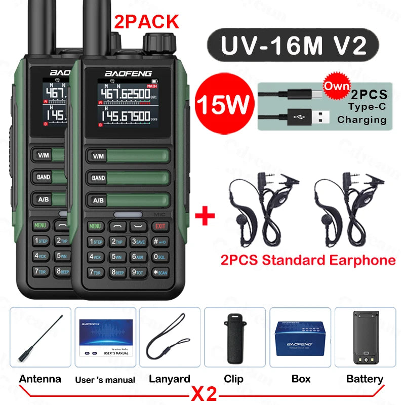 2Pack Baofeng 15W 50KM Waterproof Walkie Talkie 999CH AM FM 2-Way Radio Full Band LCD Screen Frequency Copy Noise Reduce UV16M