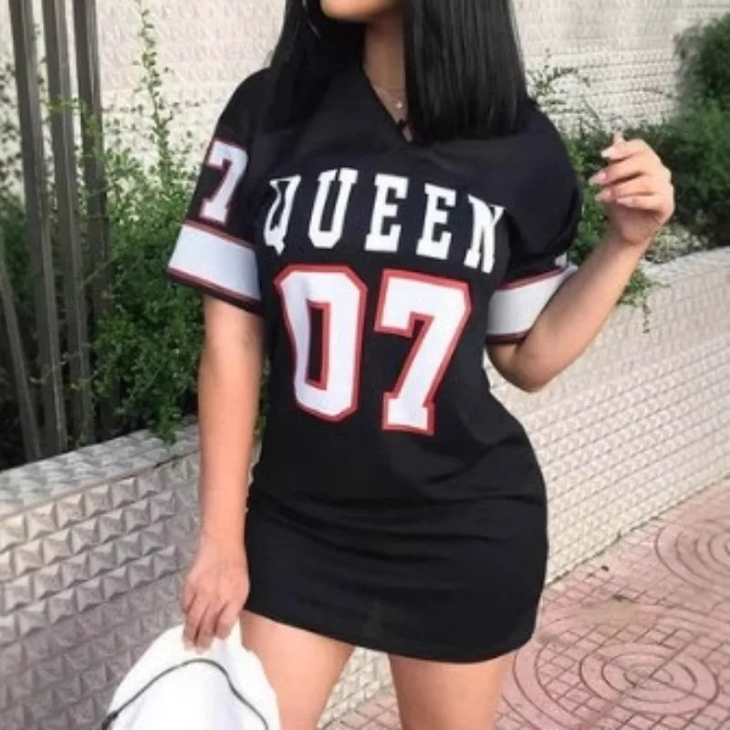 2025 New Fashion V-Neck Queen Letters Print Dress Short Sleeve Basketball Sporty Style Sexy Loose Female Clothing Streetwear