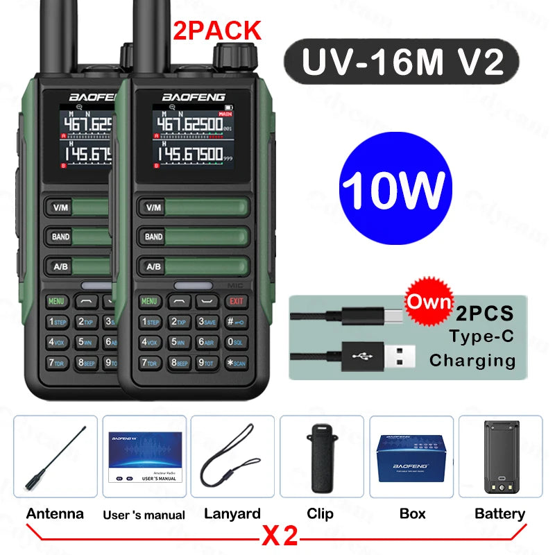 2Pack Baofeng 15W 50KM Waterproof Walkie Talkie 999CH AM FM 2-Way Radio Full Band LCD Screen Frequency Copy Noise Reduce UV16M