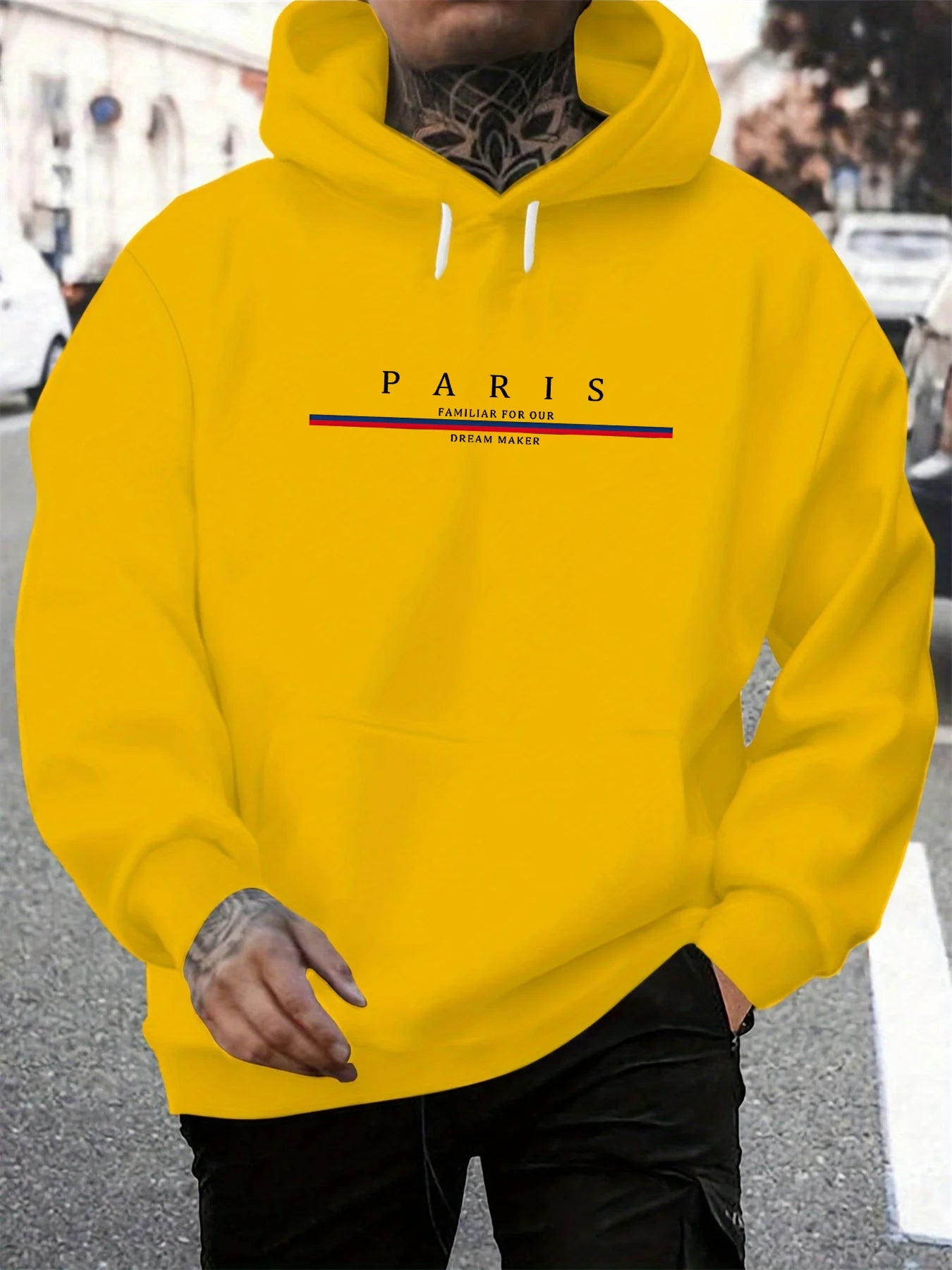 Men's autumn and winter casual fashionable loose hooded sweatshirt Paris letter printed long sleeved warm pullover