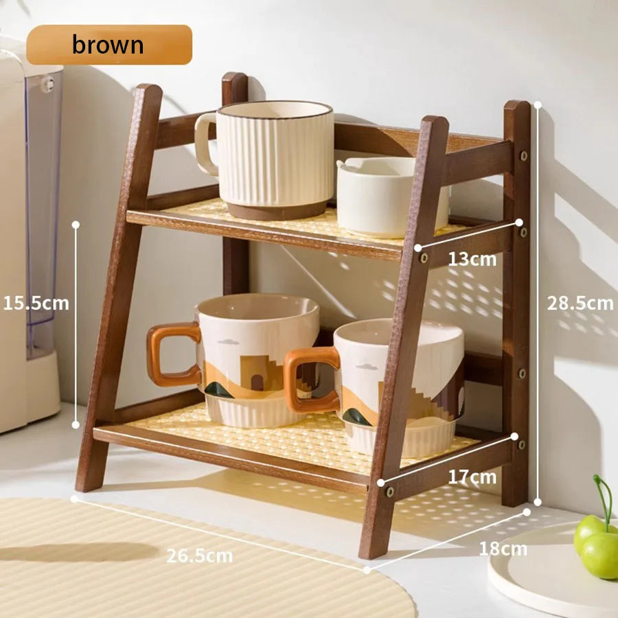 Countertop Organizer 2 Layer Coffee Cup Holder Multipurpose Bamboo Storage Shelf for Hotel Apartment Dressing Table Kitchen Home