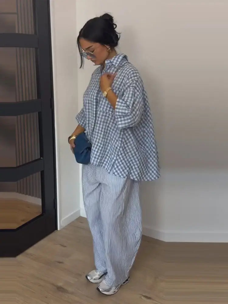 Plaid Striped Two Piece Set Half Sleeve Oversized Button Down Shirt High Waist Loose Wide Leg Pants 2026 Summer Casual Chic Sets