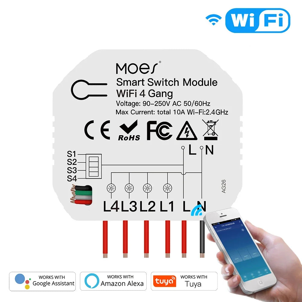 Mini DIY WiFi Smart Light Switch 4 Gang 1/2 Way Module Smart Life/Tuya App Wireless Remote Control Work with Alexa Google Home