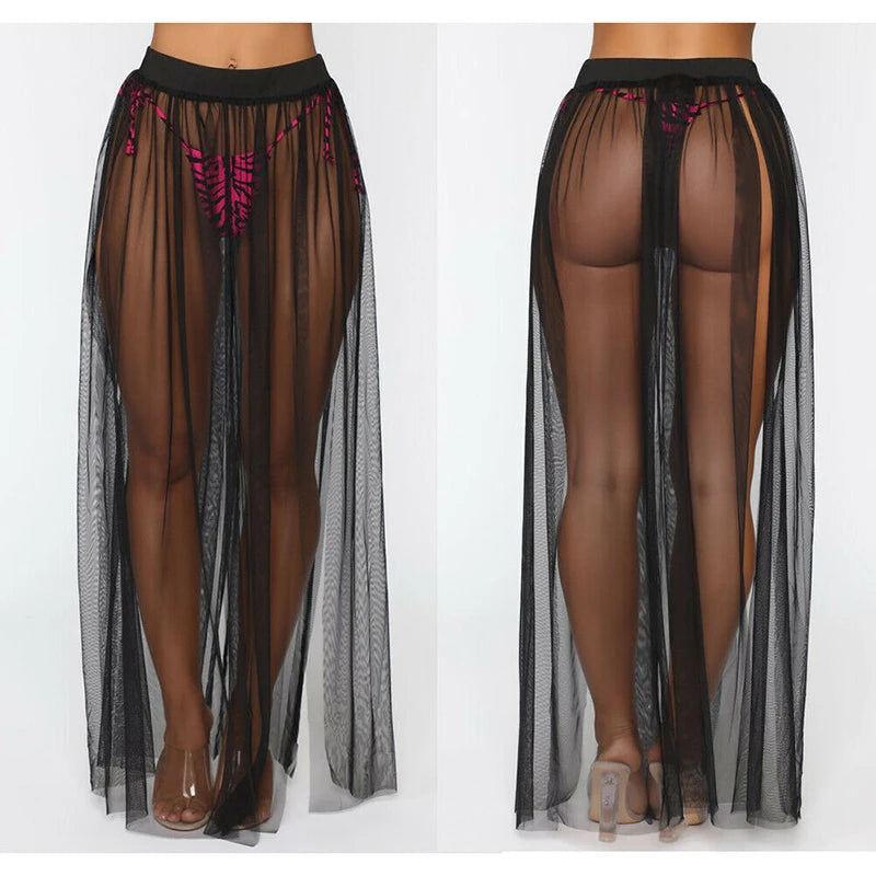 Women Beach Mesh Sheer Skirts Swim Wear Pareo See Through Ladies Clothes Bikini Cover Up Wrap Long Sarong Holiday Fashion New