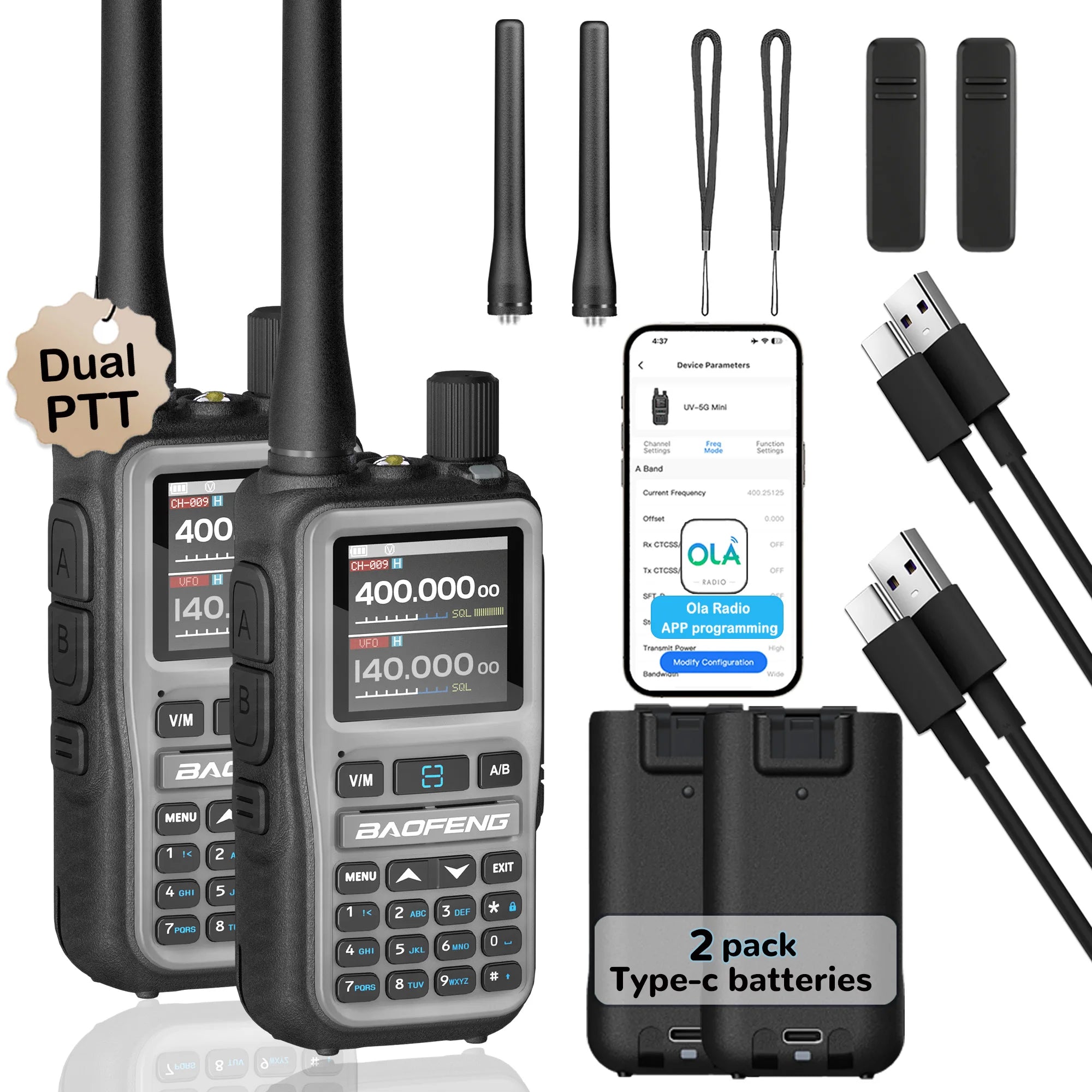 2 Pack BAOFENG UV-5R Mini Dual Band Two-Way Radio (5W/999CH) - Bluetooth APP Programming, NOAA Alert, Type-C Fast Charging