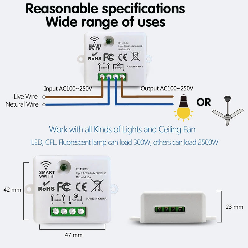 433Mhz Wireless Smart Light Wall Switch with Remote Control Touch Wall Panel Mini Relay Receiver 220V 10A for Home Led Lamp Fan