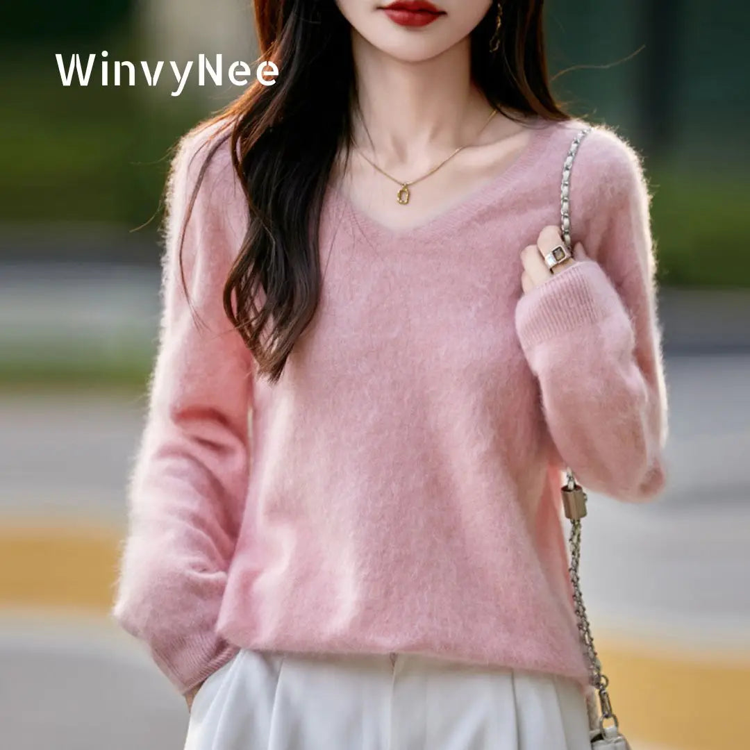 WinvyNee Women Tops Brushed Cashmere Wool Sweaters Winter V Neck Pink Warm Causal Knitted Tops Pullovers Solid Jumpers A1713002A