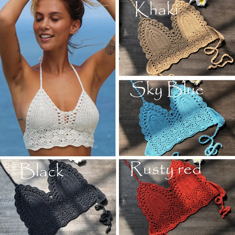 Crochet Bikini TopNew Triangle Black Bikini Top Woman Hollow Out Swimsuit Sexy Swimming Bra Large Female Swimwear S M L XL