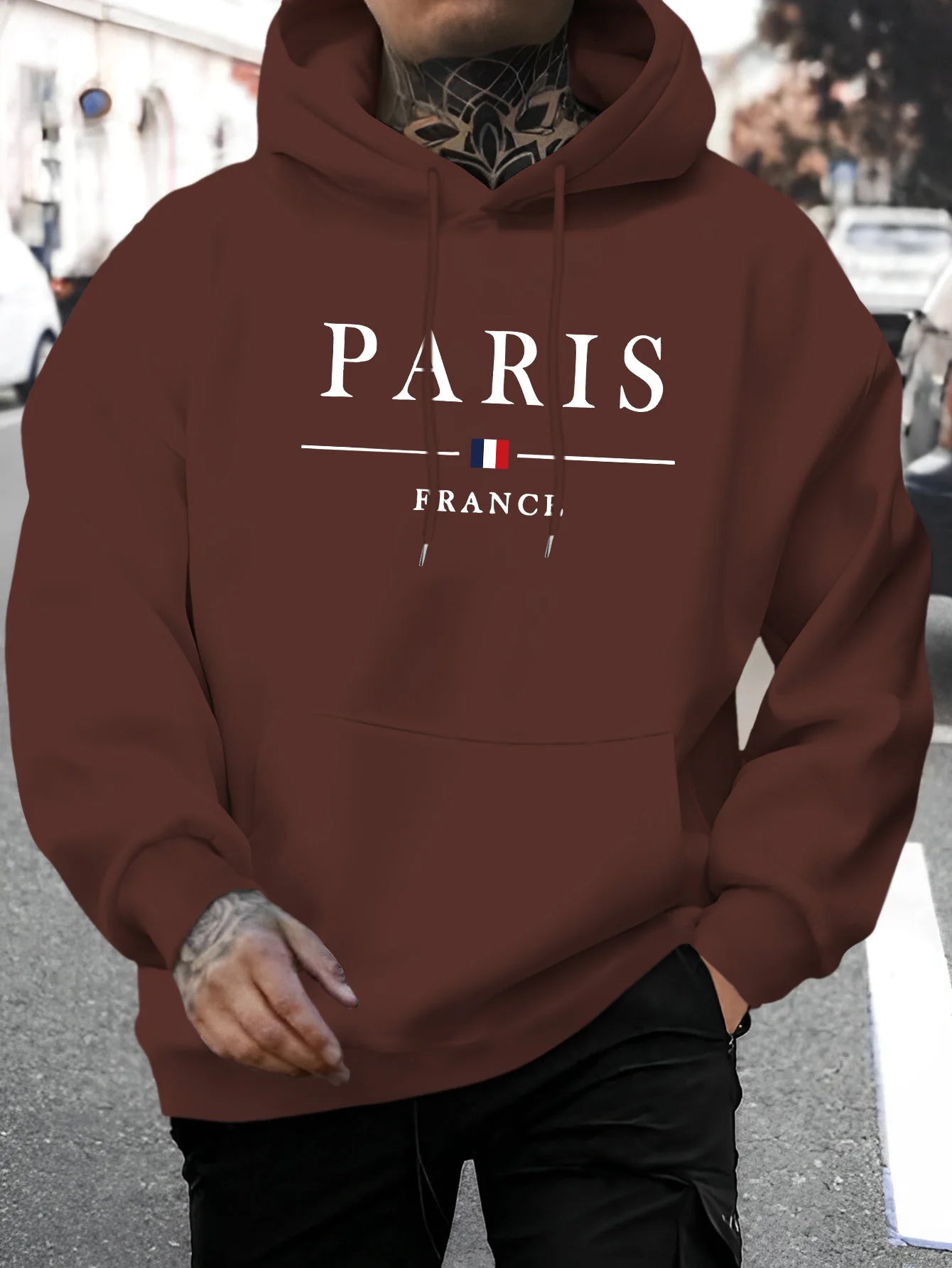 Men's autumn and winter casual fashion loose Paris letter pattern printed long sleeved hooded sweatshirt warm pullover