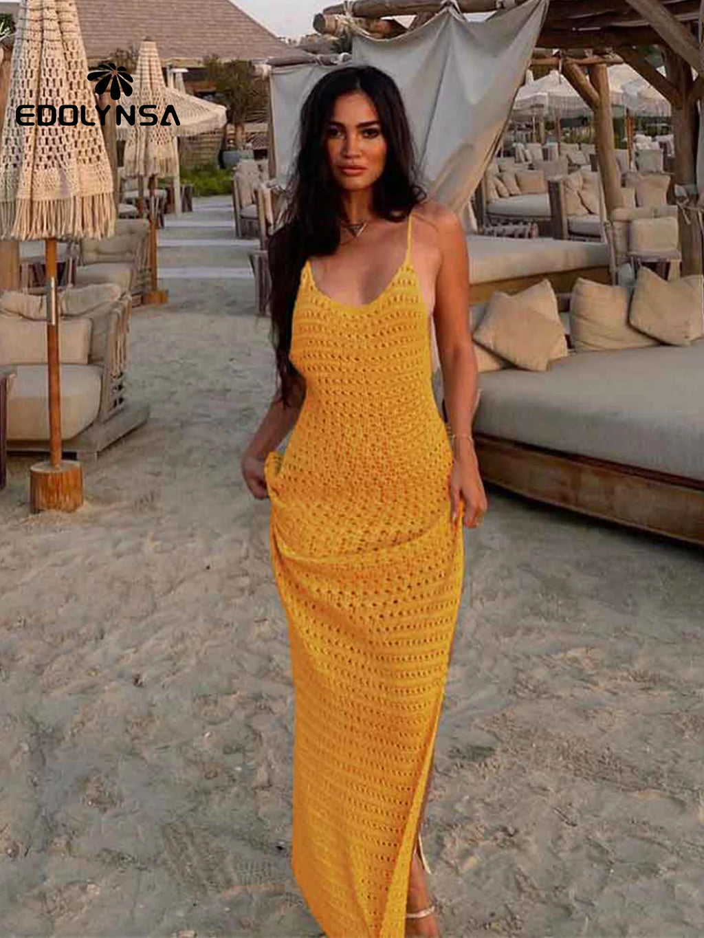 Sexy Knit Cut Out Tassel Spaghetti Strap Bodycon Beach Maxi Dress Summer Women's Holiday Club Party Outfit Swimsuit Cover Up K10