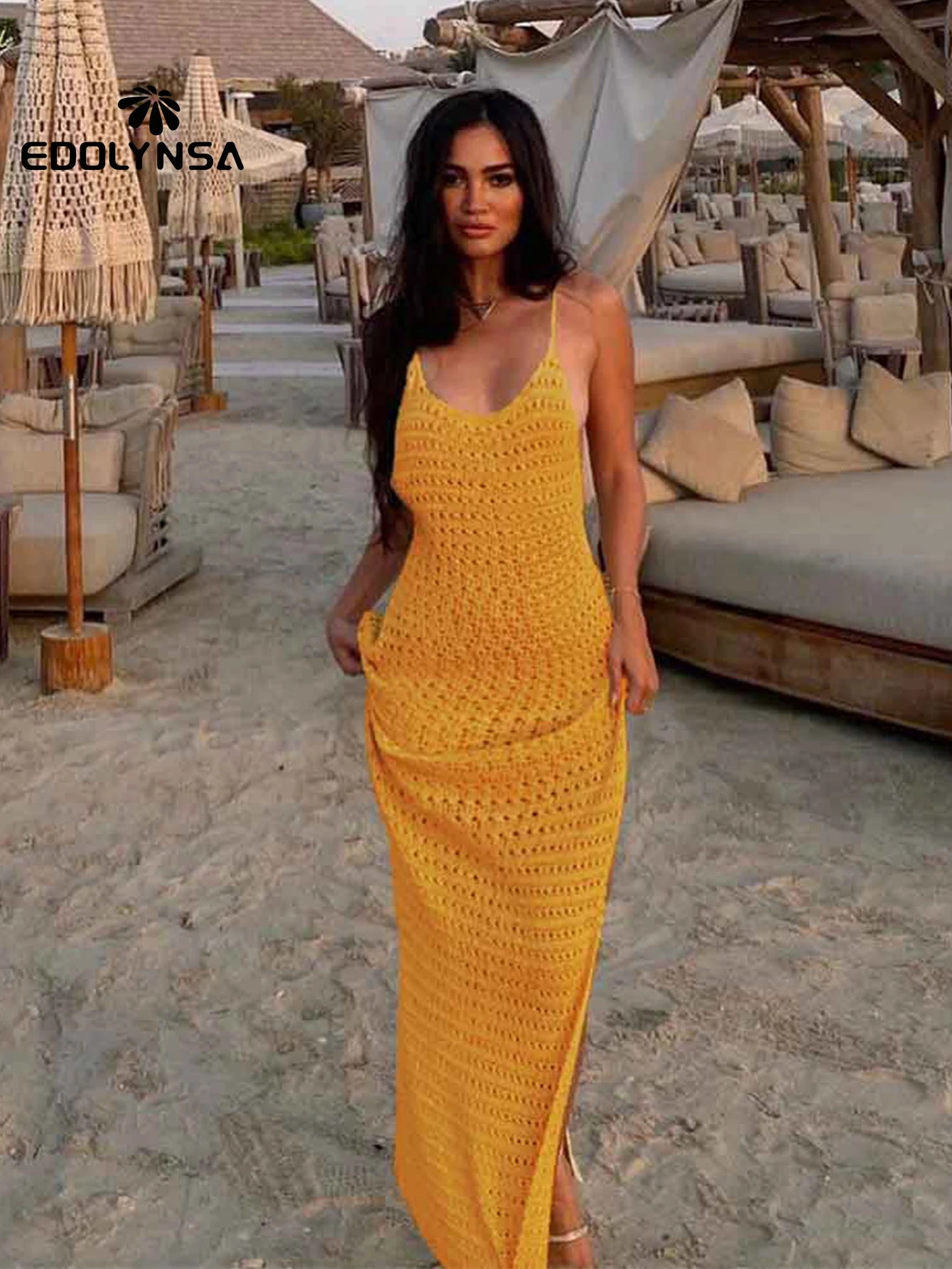 Sexy Knit Cut Out Tassel Spaghetti Strap Bodycon Beach Maxi Dress Summer Women's Holiday Club Party Outfit Swimsuit Cover Up K10