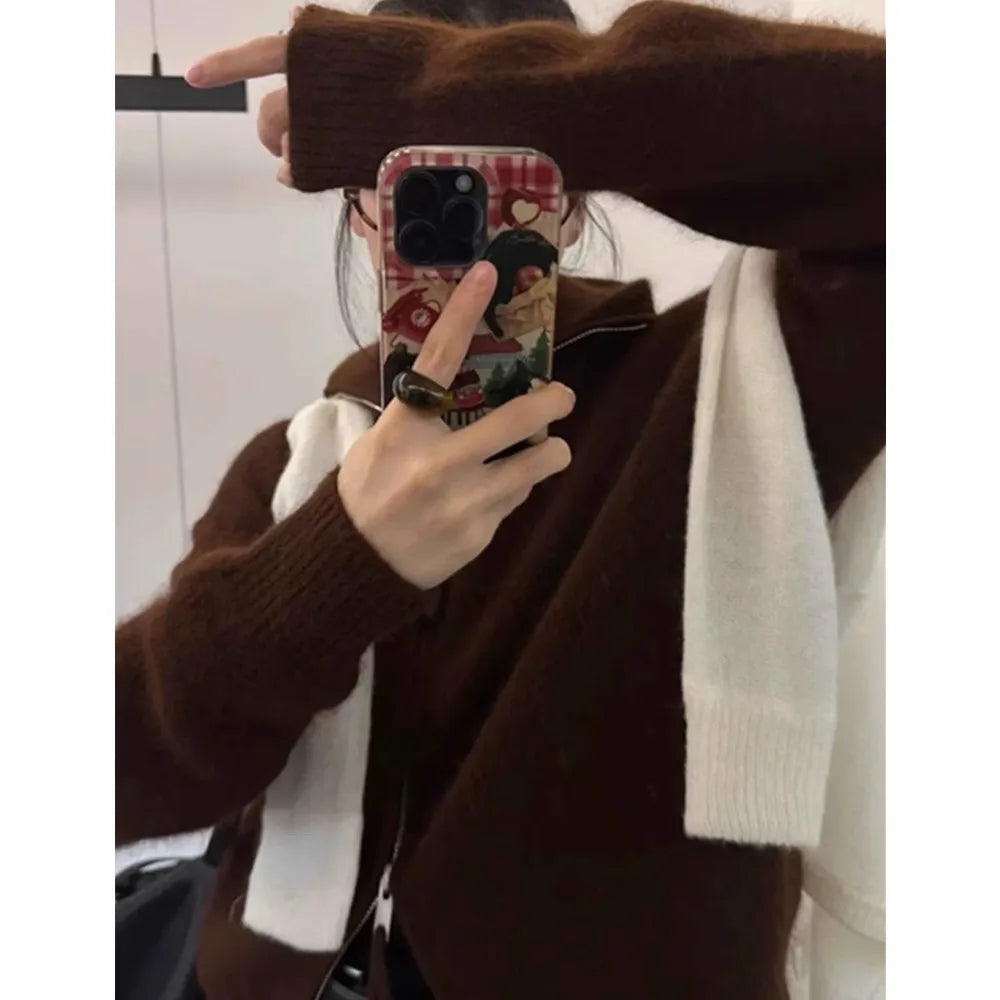 European-style double zipper 100%wool cardigan women high neck loose cashmere sweater knitted sweater thickened coat