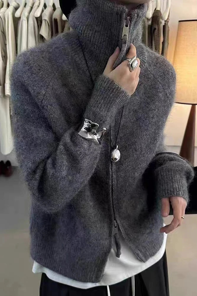 European-style double zipper 100%wool cardigan women high neck loose cashmere sweater knitted sweater thickened coat