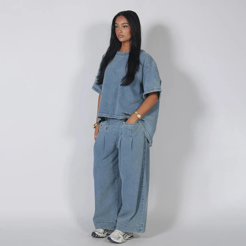  Loose Denim 2 Piece Sets Women Outfit Oversize O-neck Half Sleeve Top Wide Leg Pant Suit 2026 Summer Casual Lady Matching Set