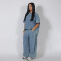  Loose Denim 2 Piece Sets Women Outfit Oversize O-neck Half Sleeve Top Wide Leg Pant Suit 2026 Summer Casual Lady Matching Set