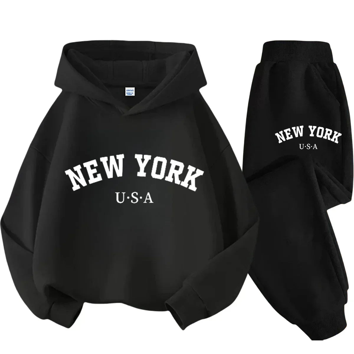 Children's Black Sports Outdoor Letter Print Hooded Sweatshirt 3-12 Years Old Boys and Girls Casual Set Sweatshirt + Pants