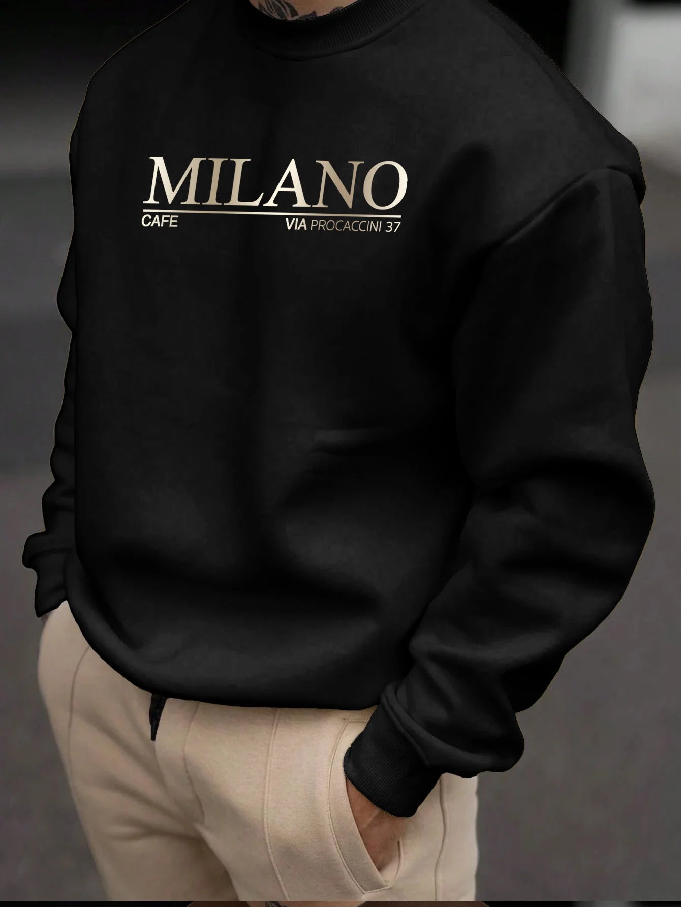 Men's autumn and winter casual loose and fashionable MILANO pattern printed long sleeved round neck sweatshirt versatile