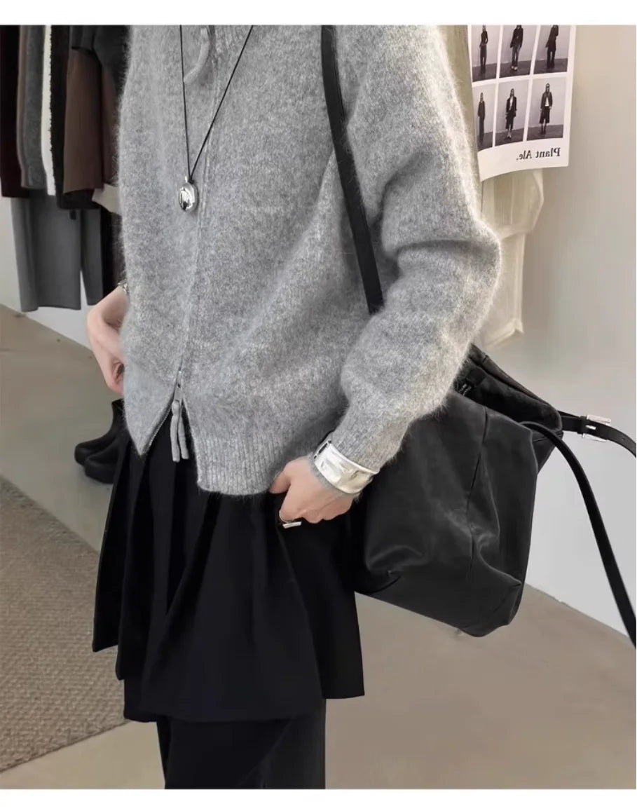 European-style double zipper 100%wool cardigan women high neck loose cashmere sweater knitted sweater thickened coat