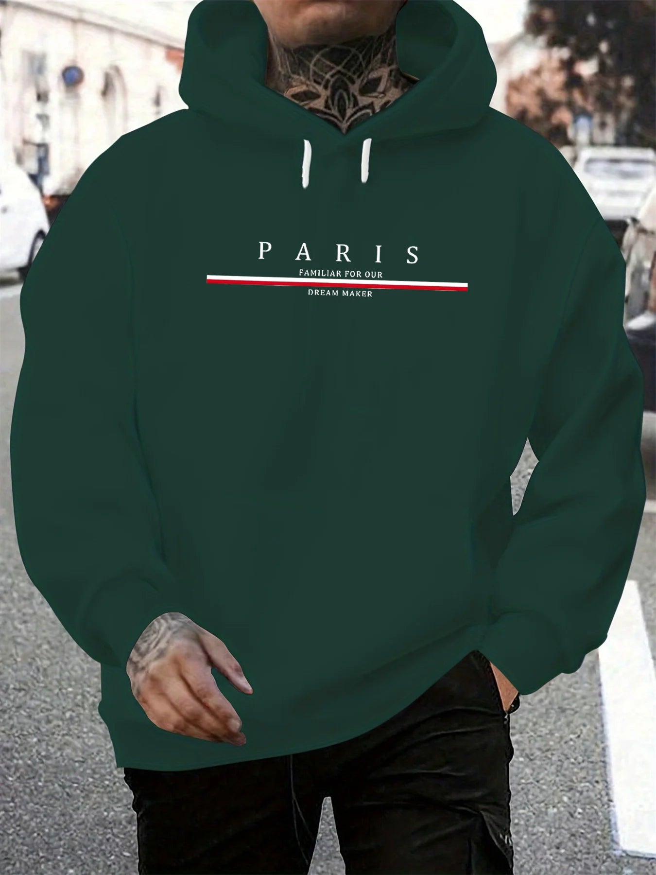 Men's autumn and winter casual fashionable loose hooded sweatshirt Paris letter printed long sleeved warm pullover