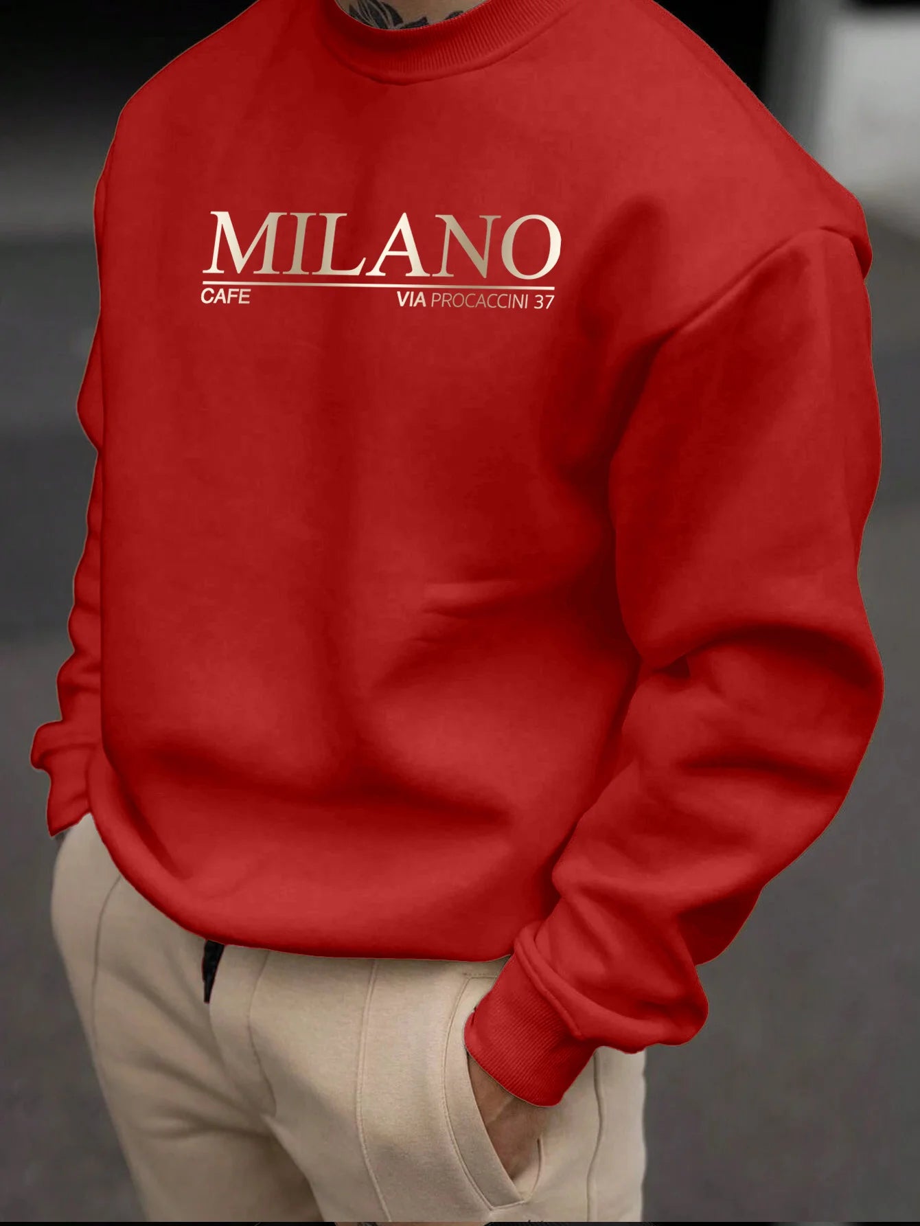 Men's autumn and winter casual loose and fashionable MILANO pattern printed long sleeved round neck sweatshirt versatile