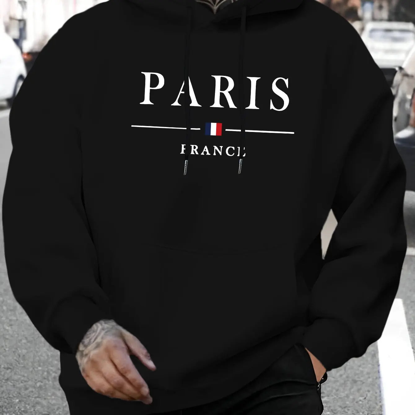 Men's autumn and winter casual fashion loose Paris letter pattern printed long sleeved hooded sweatshirt warm pullover