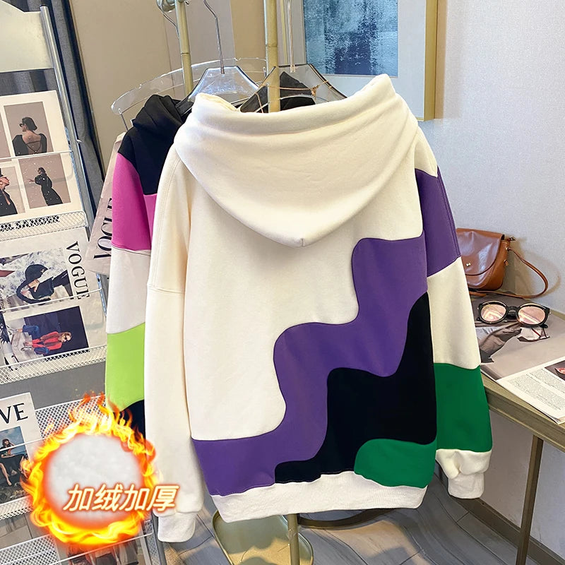Winter Irregular Waves Contrasting Panels Fleece Padded Hooded Sweatshirt Women's Large Loose Casual Warm Hoodie