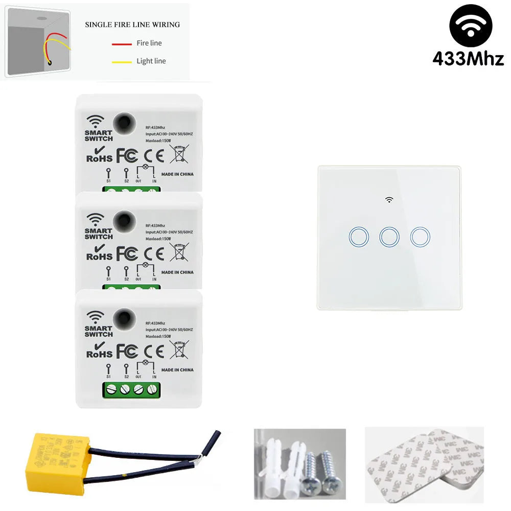 TEDELIGO Smart Light Switch Without Neutral 220V 130W Breaker Wireless Touch Button Wall Switch Mini Relay 2-Way On/Off Module