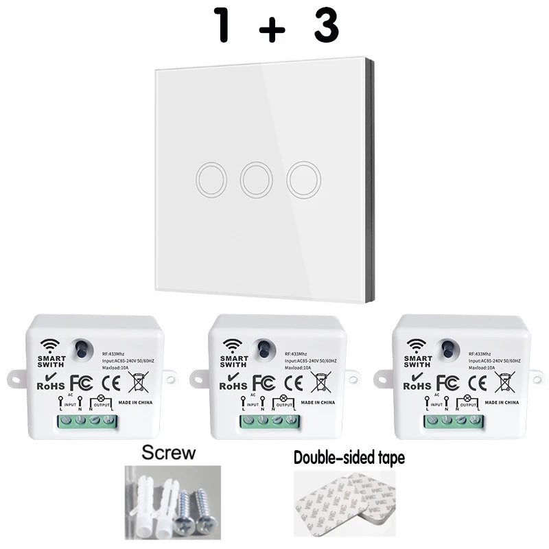 433Mhz Wireless Smart Light Wall Switch with Remote Control Touch Wall Panel Mini Relay Receiver 220V 10A for Home Led Lamp Fan