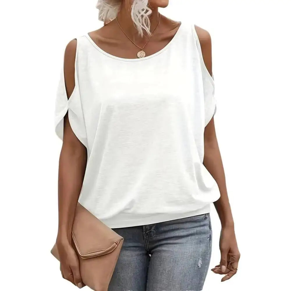 Women's Tee Top Cold Shoulder Short Sleeve Solid Soft Knit Loose Tops Casual Tee Spring Summer Chic Tee Daily Breathable Tops