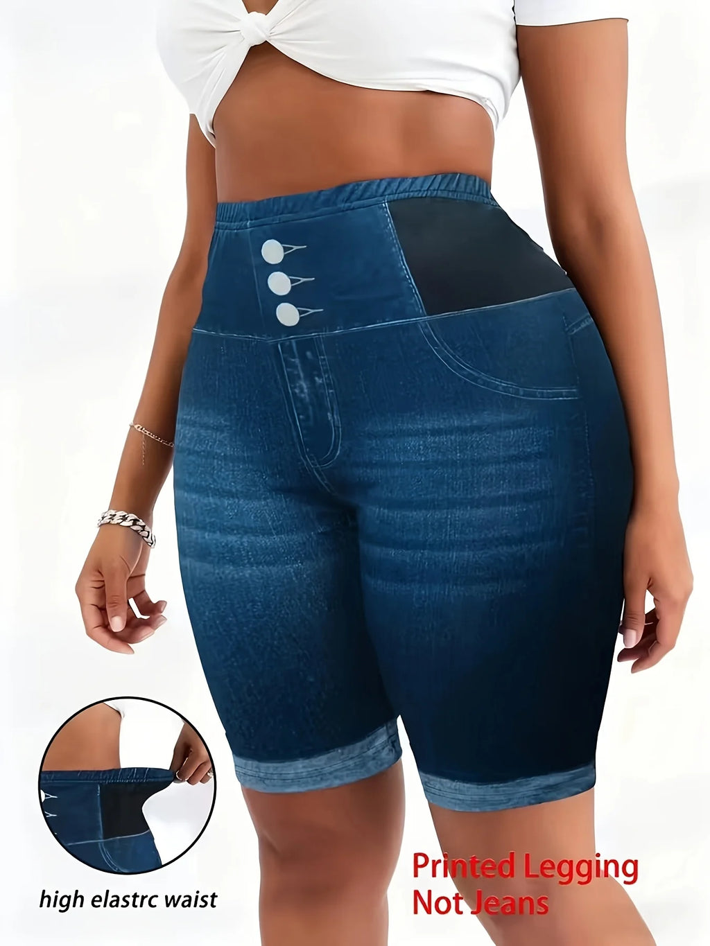 Plus Size Tummy Control Biker Shorts, Chic 3-Button Faux Denim Cycling Shorts, High Waist Slimming Yoga Bottoms for Curvy Women
