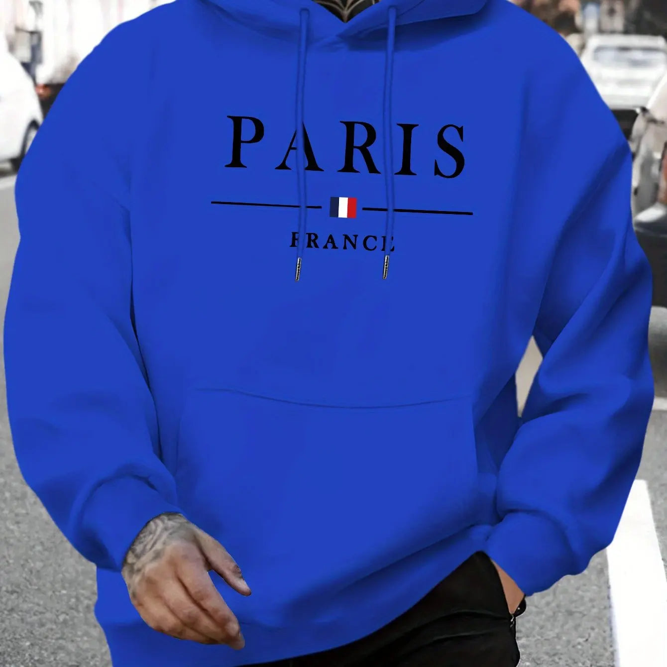 Men's autumn and winter casual fashion loose Paris letter pattern printed long sleeved hooded sweatshirt warm pullover