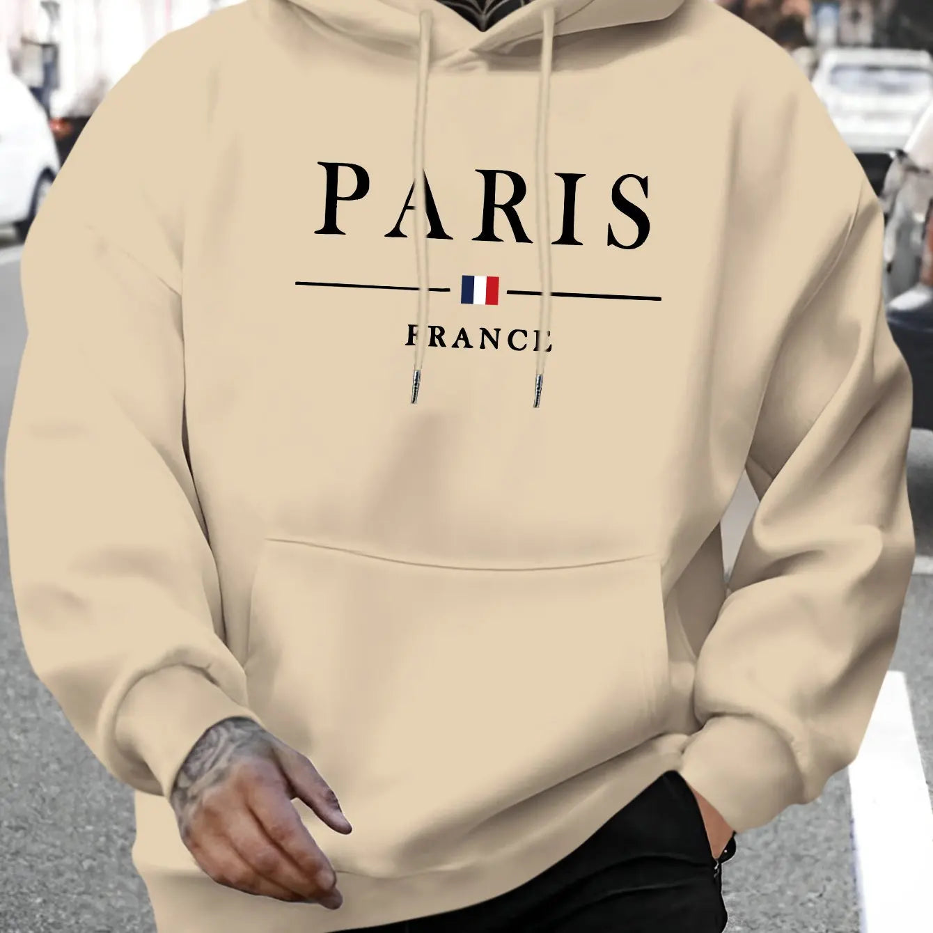 Men's autumn and winter casual fashion loose Paris letter pattern printed long sleeved hooded sweatshirt warm pullover