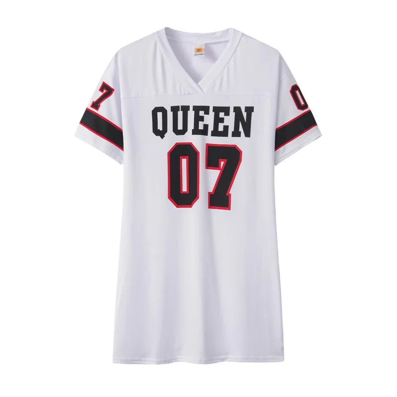 2025 New Fashion V-Neck Queen Letters Print Dress Short Sleeve Basketball Sporty Style Sexy Loose Female Clothing Streetwear