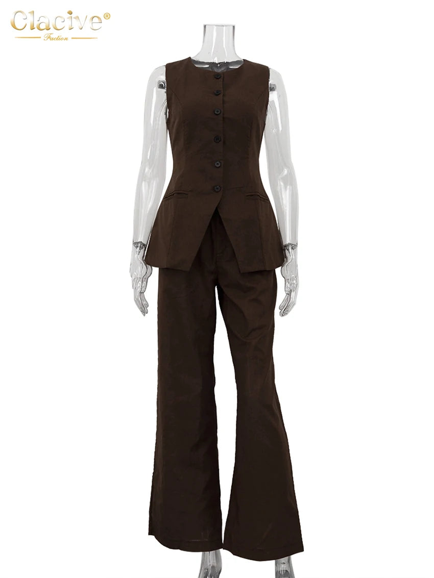 Clacive Summer Slim Brown Linen Pants Set 2 Piece Woman Fashion Sleeveless Tank Top With High Waist Wide Trousers Suits Female