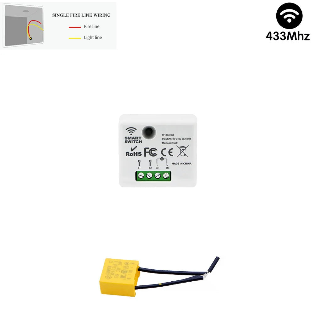 TEDELIGO Smart Light Switch Without Neutral 220V 130W Breaker Wireless Touch Button Wall Switch Mini Relay 2-Way On/Off Module