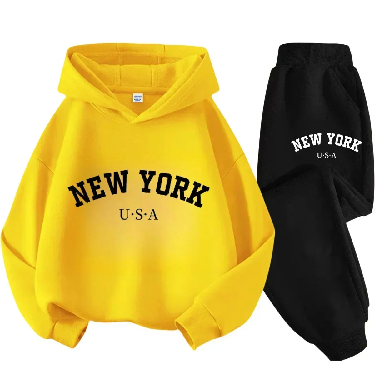 Children's Black Sports Outdoor Letter Print Hooded Sweatshirt 3-12 Years Old Boys and Girls Casual Set Sweatshirt + Pants