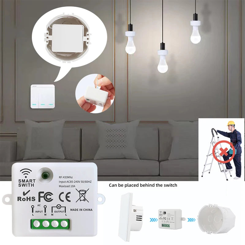 433Mhz Wireless Smart Light Wall Switch with Remote Control Touch Wall Panel Mini Relay Receiver 220V 10A for Home Led Lamp Fan