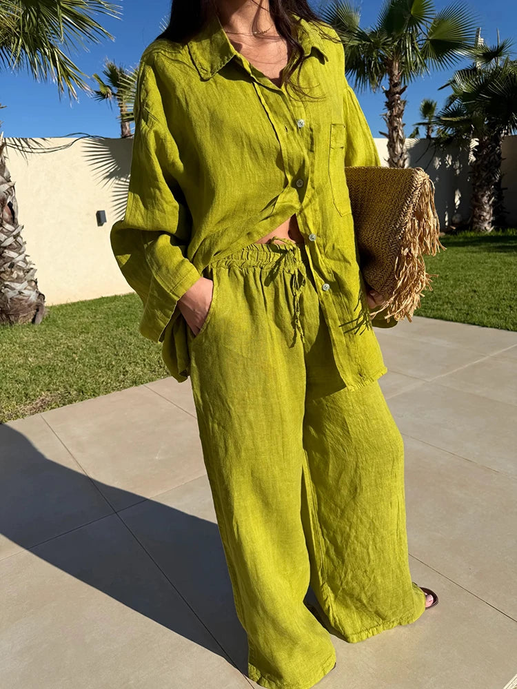 Cotton Linen Women's Pants Set Lapel Collar Shirt Loose Bottom Female Holiday Beach Sets 2026 Summer Fashion Vacation Lady Suit
