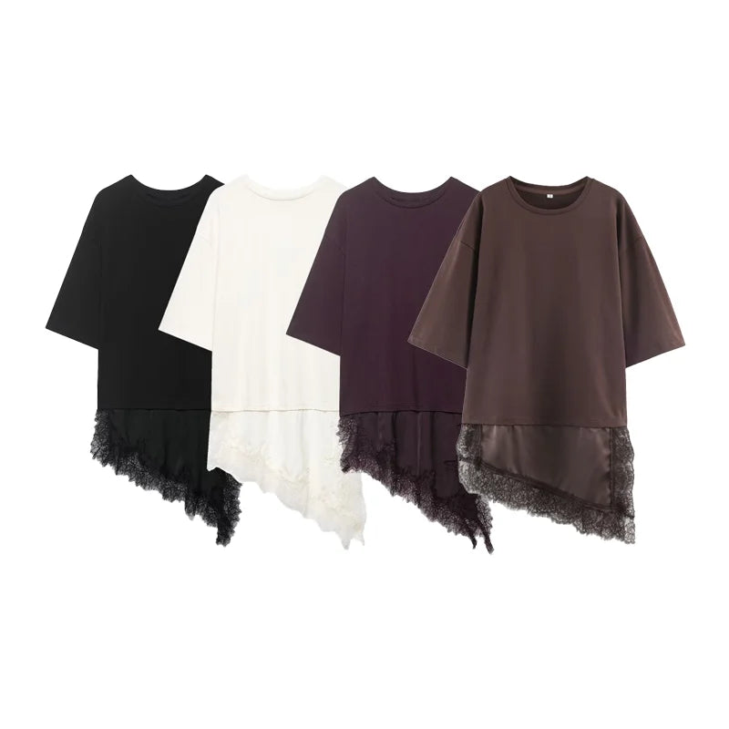Women's Spring Summer Asymmetric Lace Trim Half Sleeve T-Shirt Back to School Casual Daily Wear Fashion Versatile Top 4 Colors