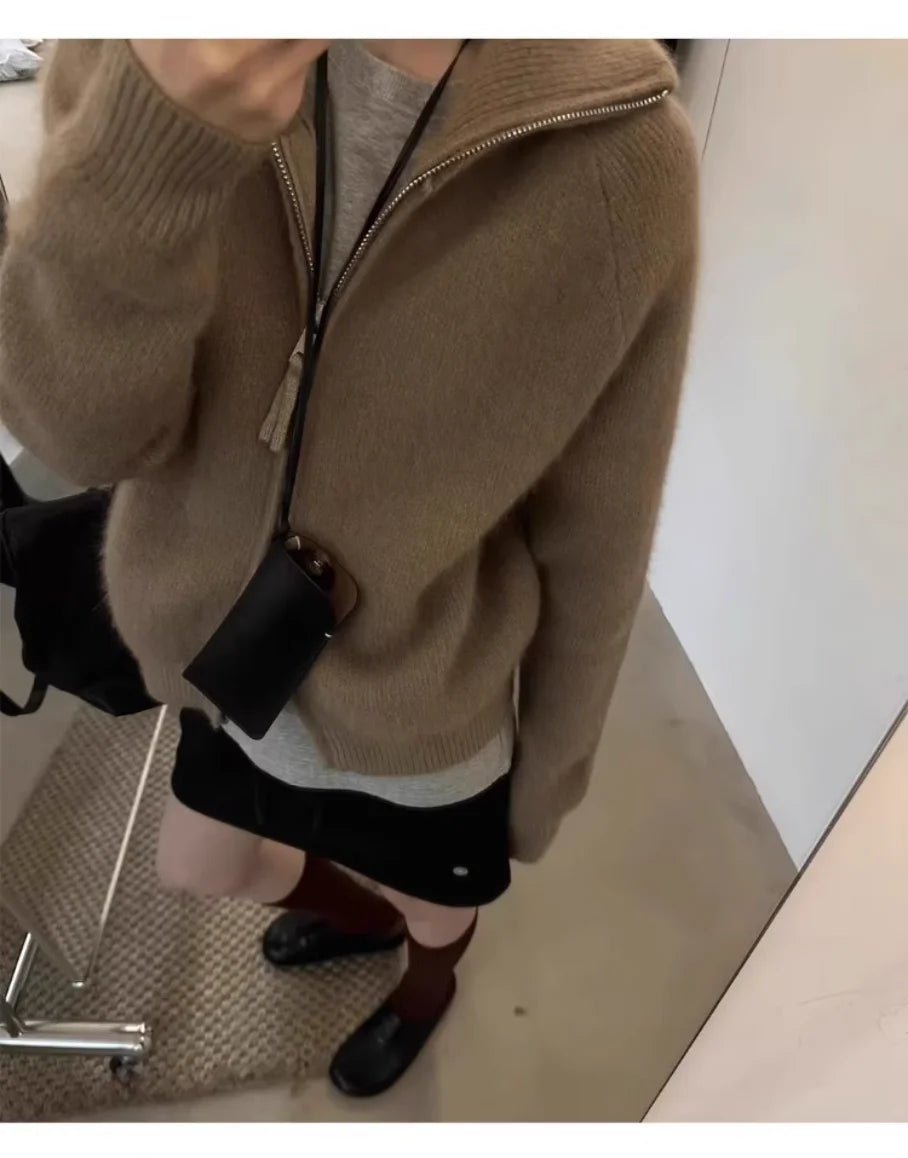 European-style double zipper 100%wool cardigan women high neck loose cashmere sweater knitted sweater thickened coat