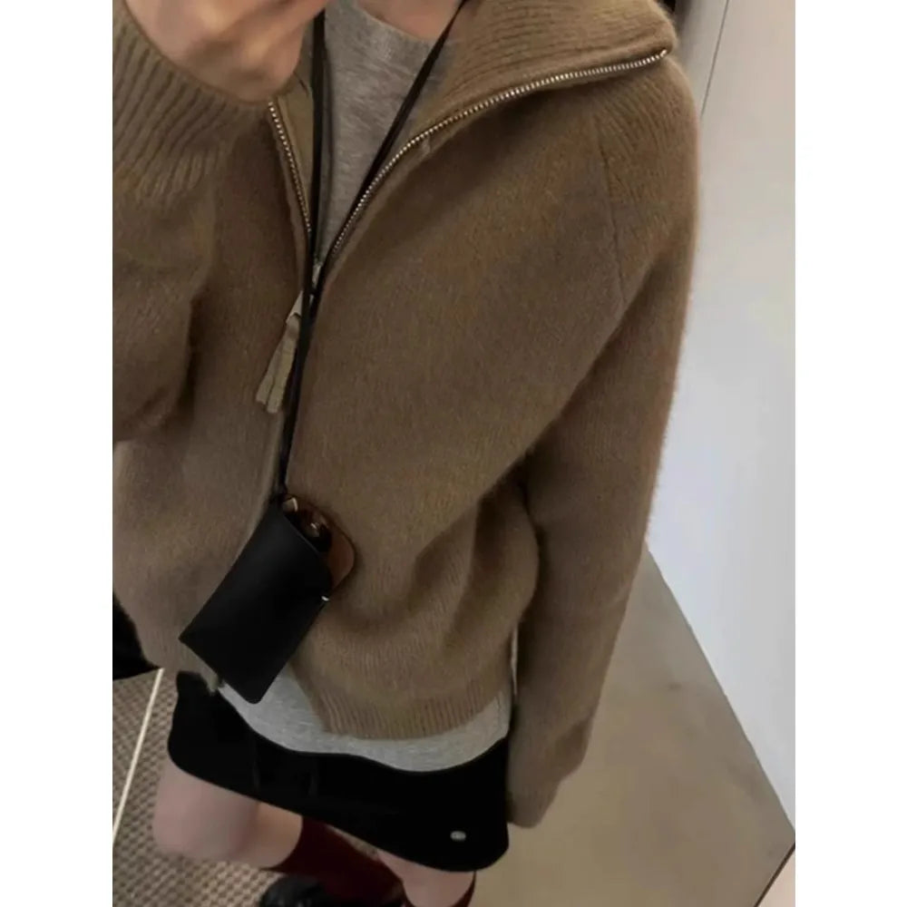 European-style double zipper 100%wool cardigan women high neck loose cashmere sweater knitted sweater thickened coat