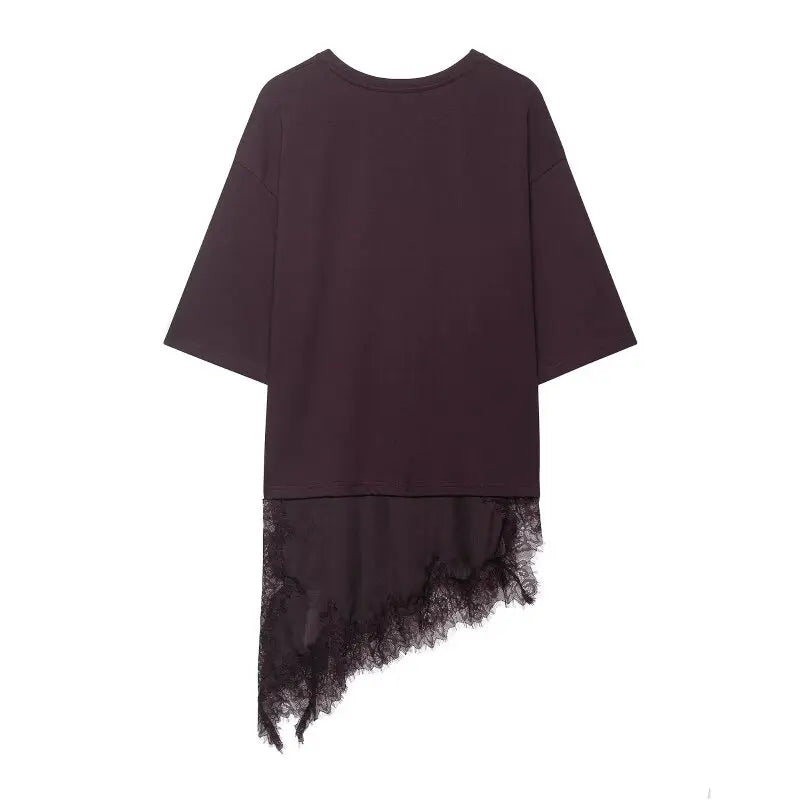 Women's Spring Summer Asymmetric Lace Trim Half Sleeve T-Shirt Back to School Casual Daily Wear Fashion Versatile Top 4 Colors