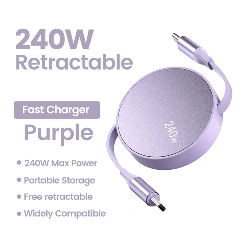 240W USB C to USB C PD Cable for iPhone 15 Pro Max PD Fast Charging Data Cord Retractable Type C Charger Cable Wire for Notebook