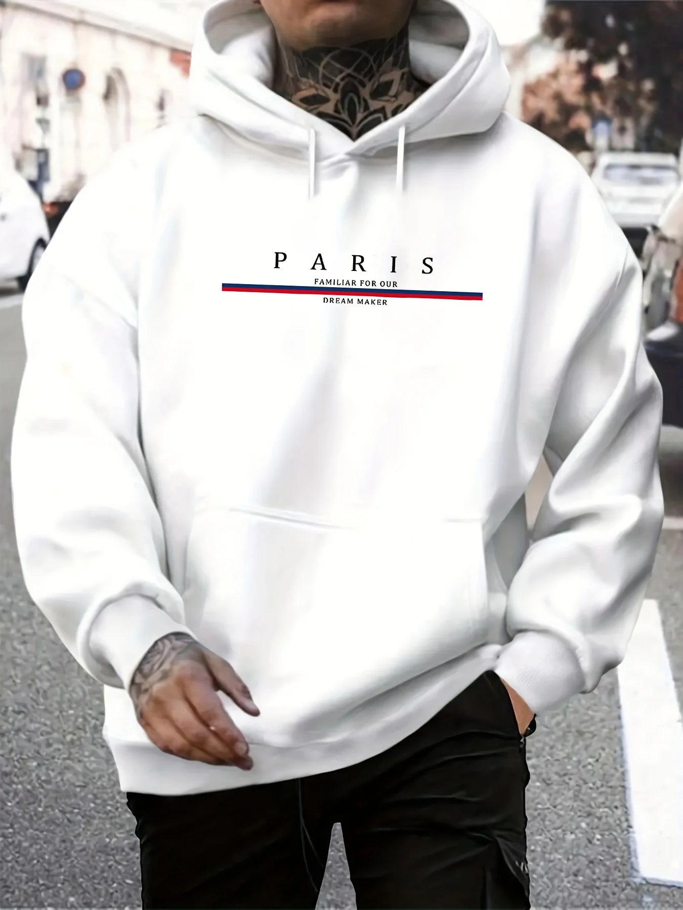 Men's autumn and winter casual fashionable loose hooded sweatshirt Paris letter printed long sleeved warm pullover