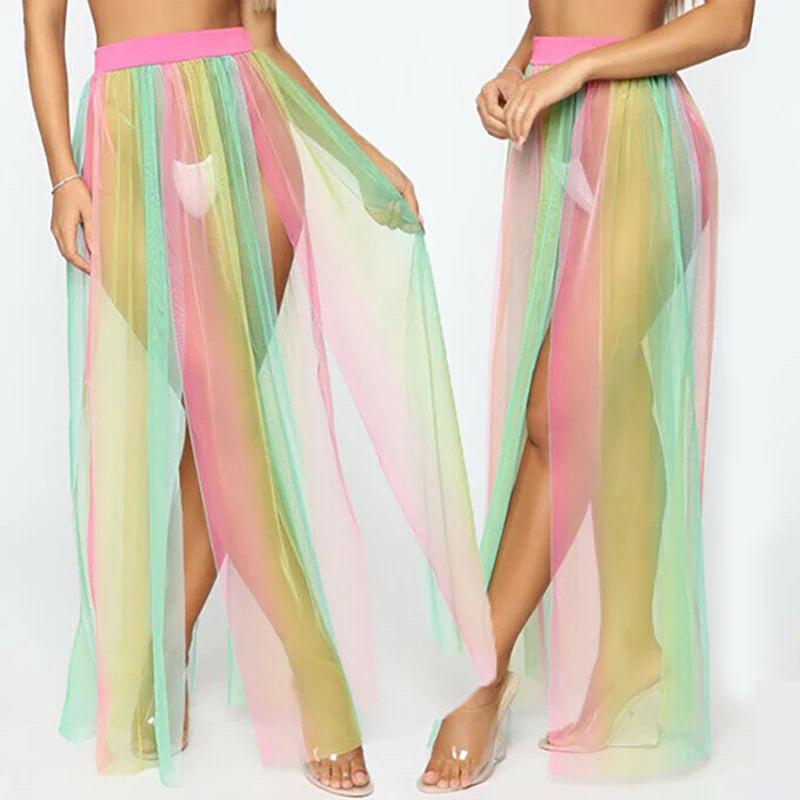 Women Beach Mesh Sheer Skirts Swim Wear Pareo See Through Ladies Clothes Bikini Cover Up Wrap Long Sarong Holiday Fashion New