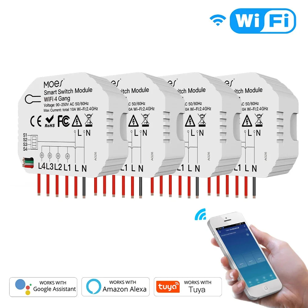 Mini DIY WiFi Smart Light Switch 4 Gang 1/2 Way Module Smart Life/Tuya App Wireless Remote Control Work with Alexa Google Home