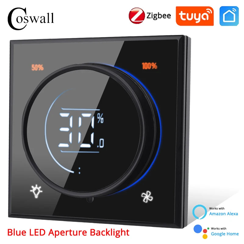 Glass Panel Wifi/Zigbee Smart Light Switch With Knob Fan Controller 300W Max. AC110-240V Digital LCD For Ceiling Fan Lamp