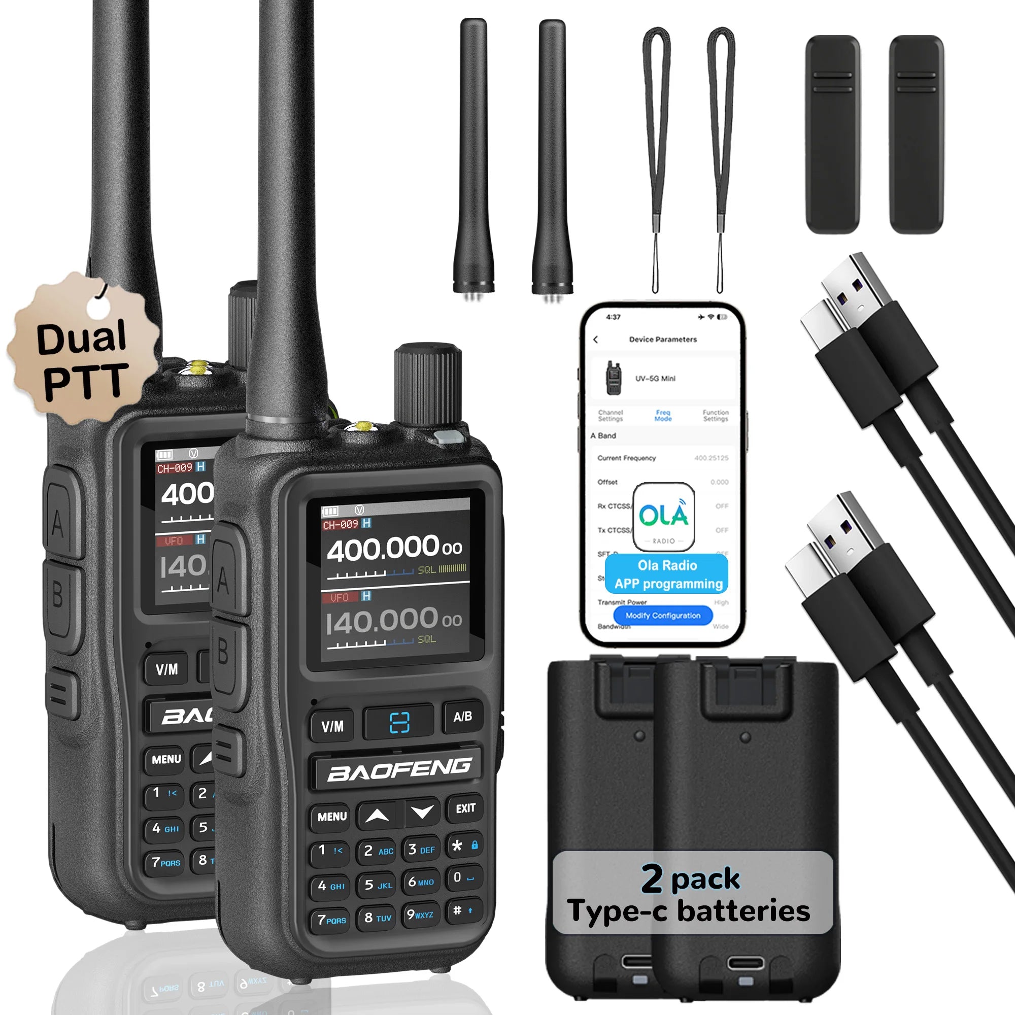 2 Pack BAOFENG UV-5R Mini Dual Band Two-Way Radio (5W/999CH) - Bluetooth APP Programming, NOAA Alert, Type-C Fast Charging