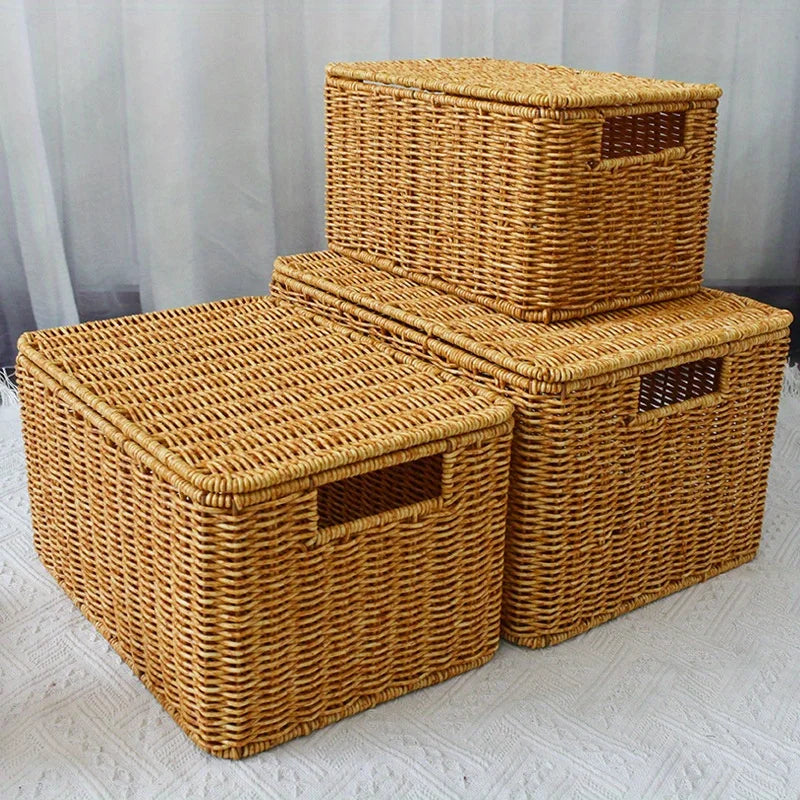 Rural Woven Storage Basket with Lid - Stylish and Durable Wardrobe Organizer - Suitable for Bathroom, Bedroom, Kitchen, and Home