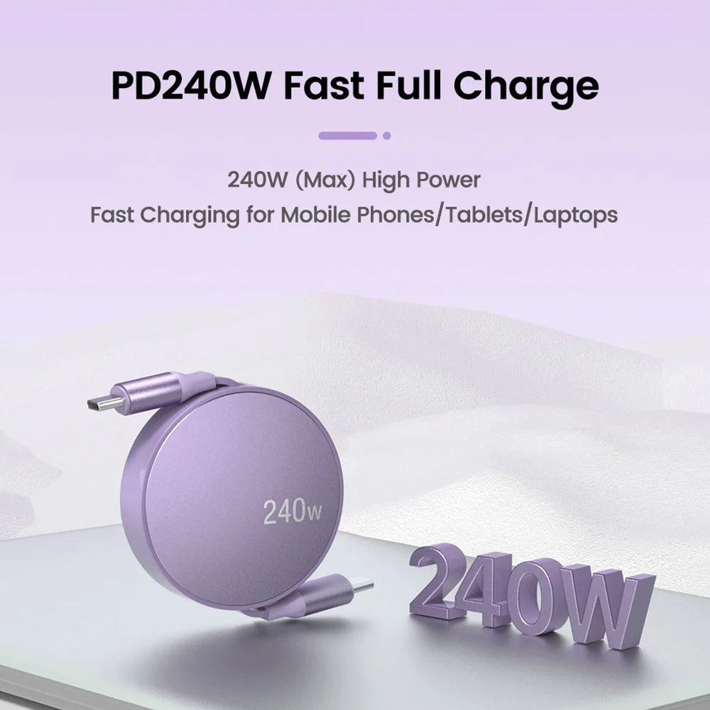 240W USB C to USB C PD Cable for iPhone 15 Pro Max PD Fast Charging Data Cord Retractable Type C Charger Cable Wire for Notebook